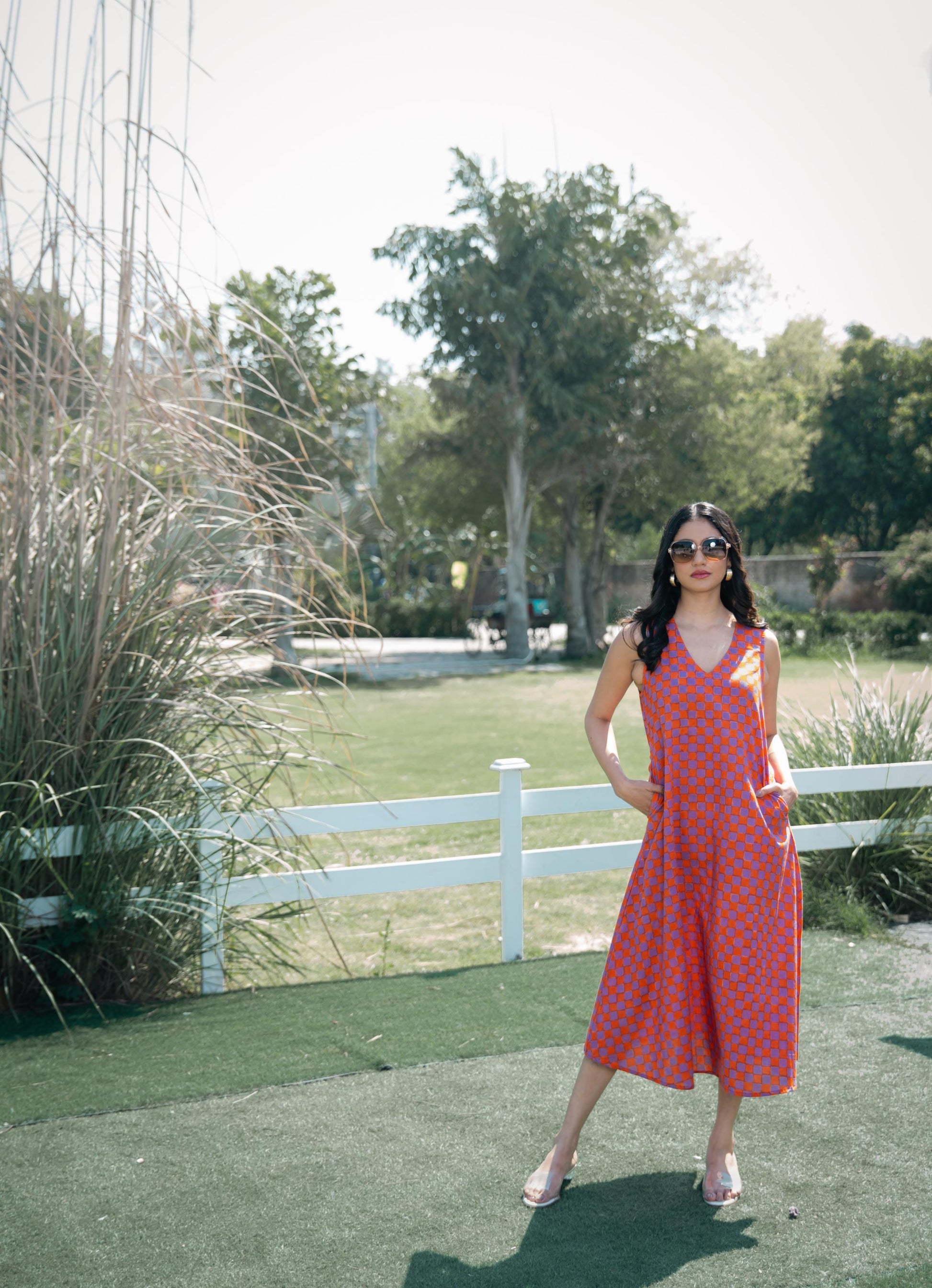 Checkmate V-Neck High-Low A-Line Dress Flowy & Elegant for Any Occasion LABEL NAMA Checkmate V-Neck High-Low A-Line Dress Flowy & Elegant for Any Occasion LABEL NAMA